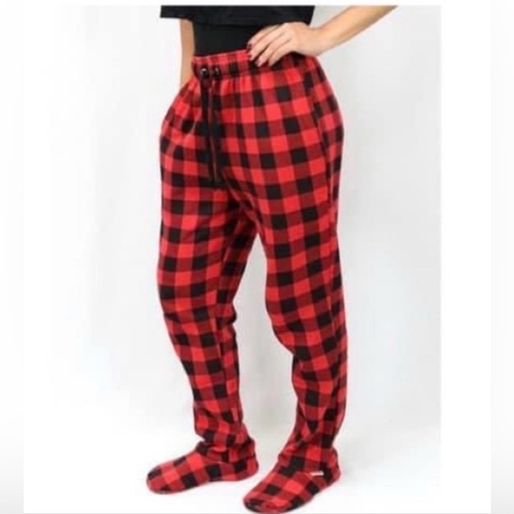 Feejays Red And Black Buffalo Plaid Footed Sweat Pants Sleep Pants Size 3XL - Picture 1 of 6
